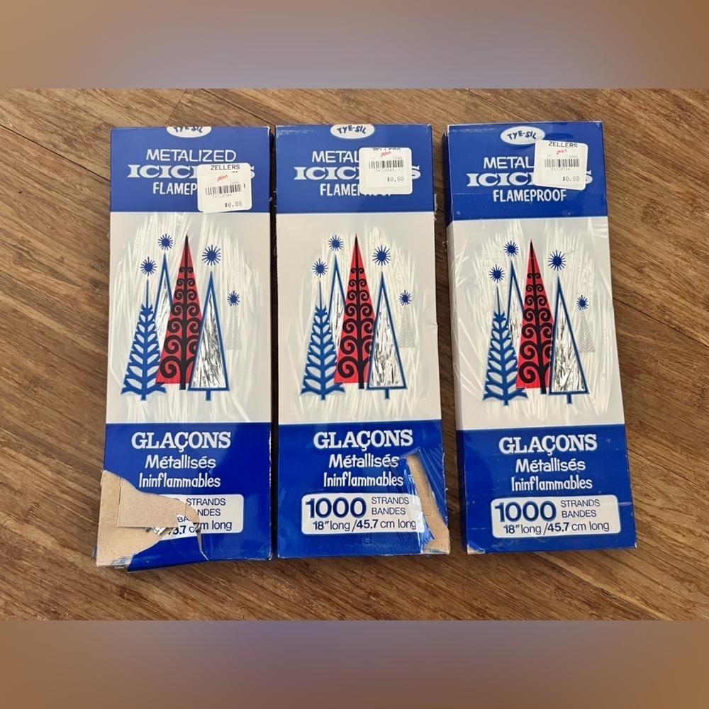 3 Unopened Boxes of Vintage Silver Christmas Tinsel Icicles